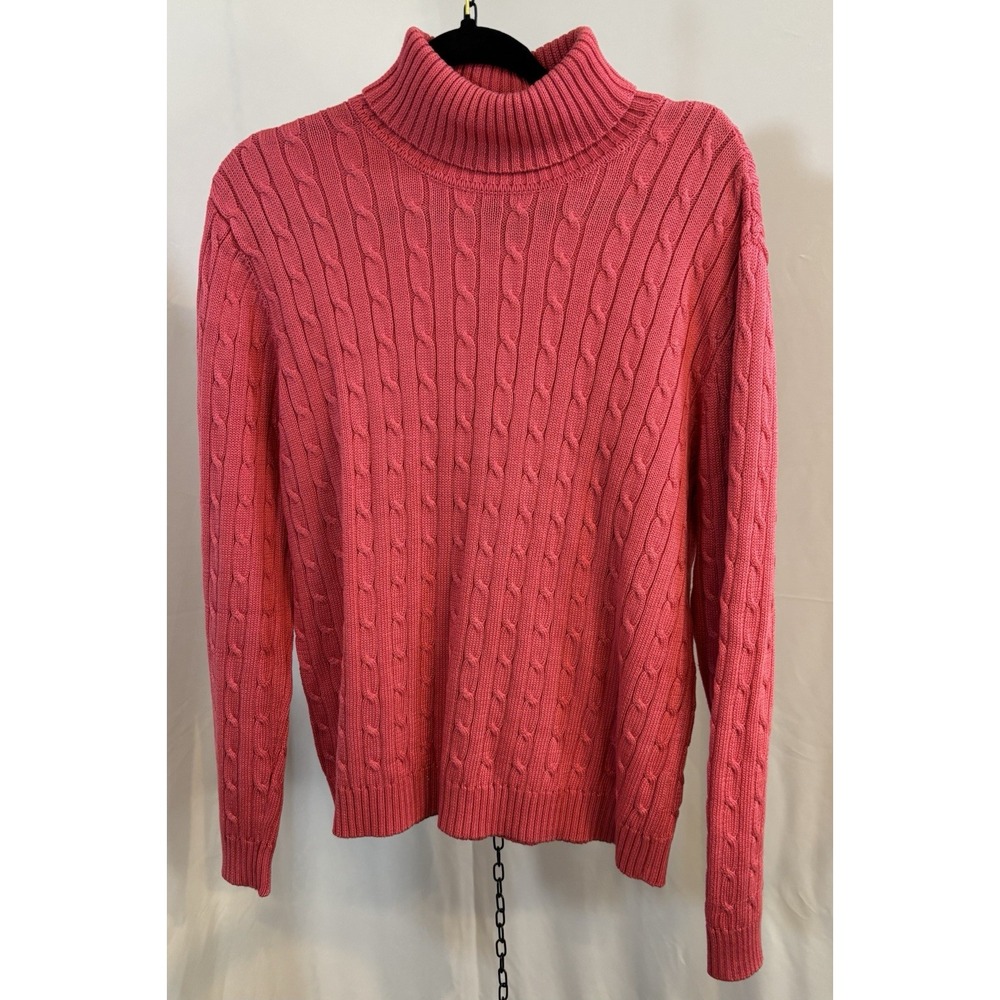 XL Turtleneck Coral Sweater Ribbed Cable Knit Mercerized Cotton Light Academia